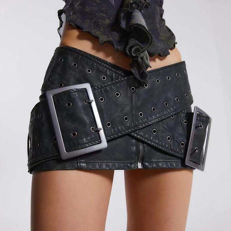 Grunge Belted Leather Mini Skirt Black