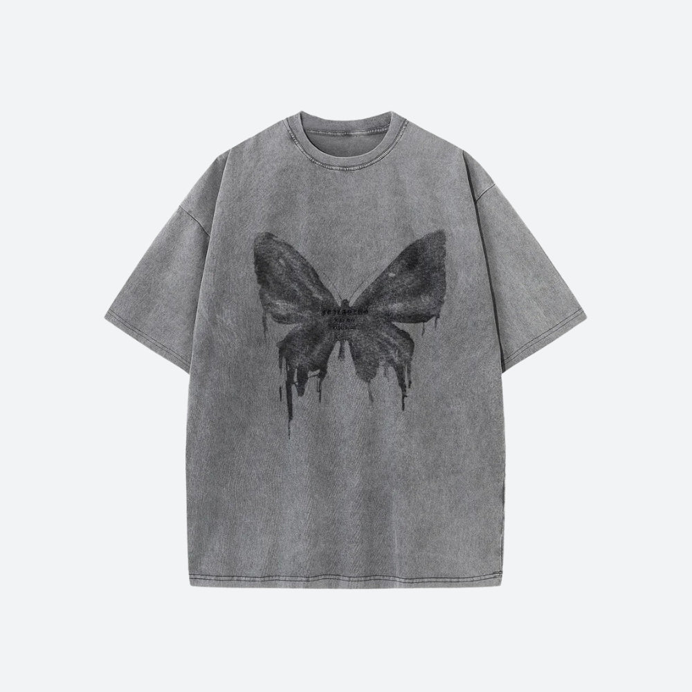 Grunge Drip Butterfly Graphic Tee Gray