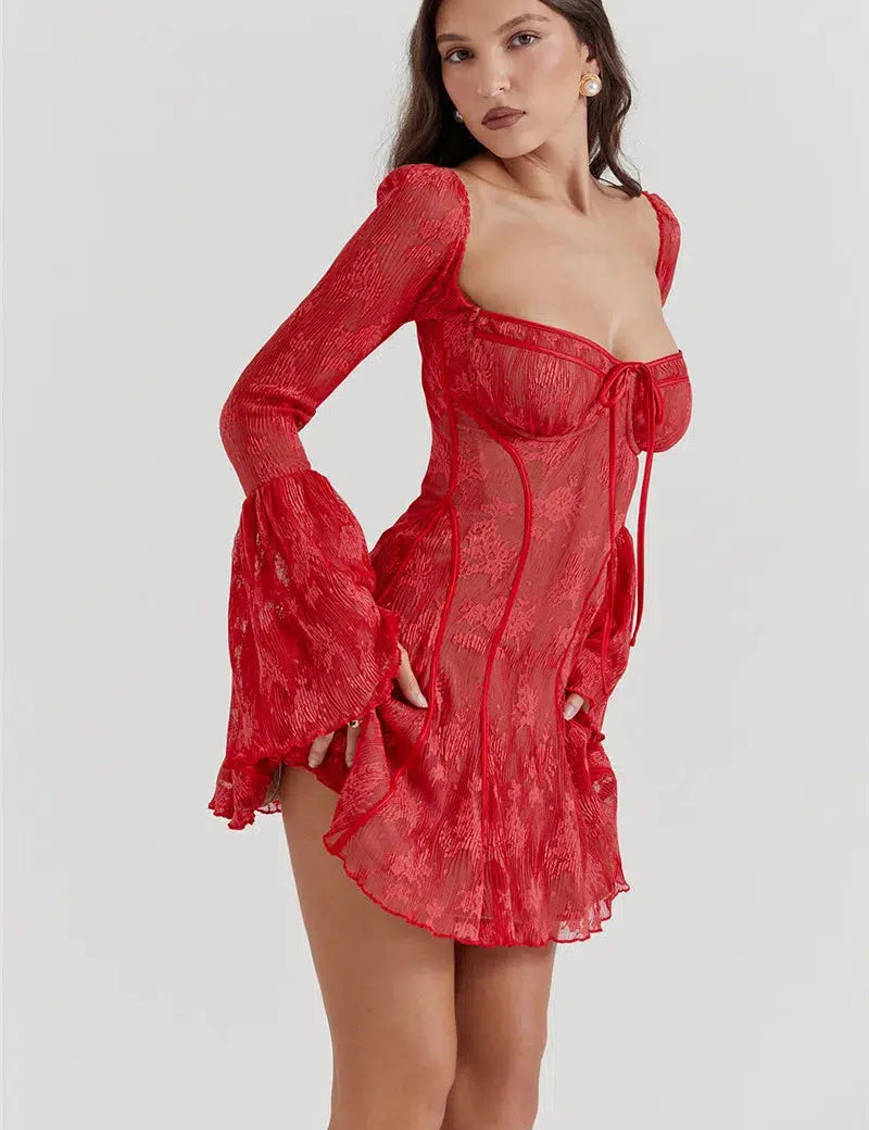 Grunge Sheer Lace Babydoll Mini Dress Red
