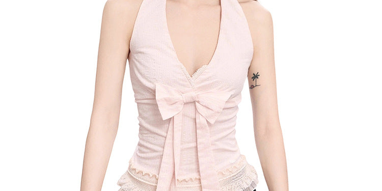 Coquette Bow Halter Peplum Lace Trim Top