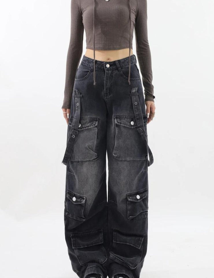 Y2K Grunge Utility Jeans Black