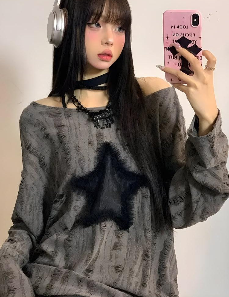 Y2K Grunge Fuzzy Star Distressed Sweater Gray