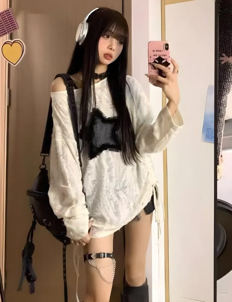 Y2K Grunge Fuzzy Star Distressed Sweater White