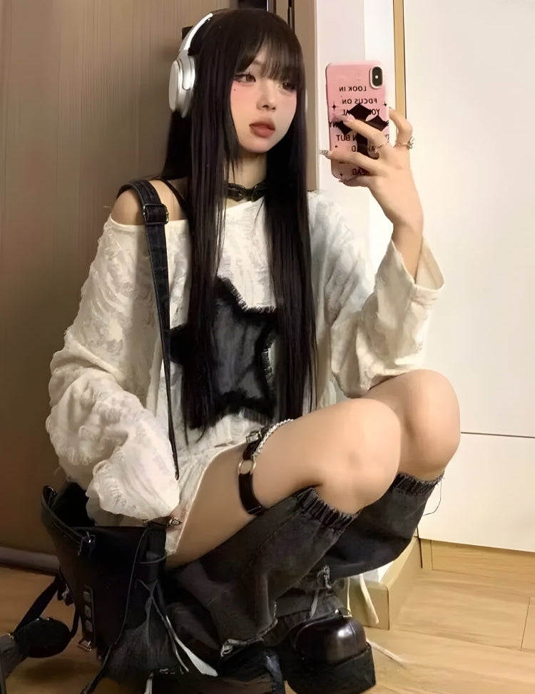 Y2K Grunge Fuzzy Star Distressed Sweater