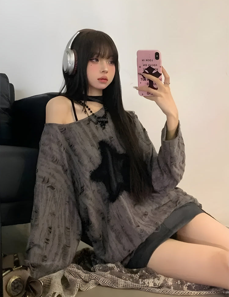 Y2K Grunge Fuzzy Star Distressed Sweater